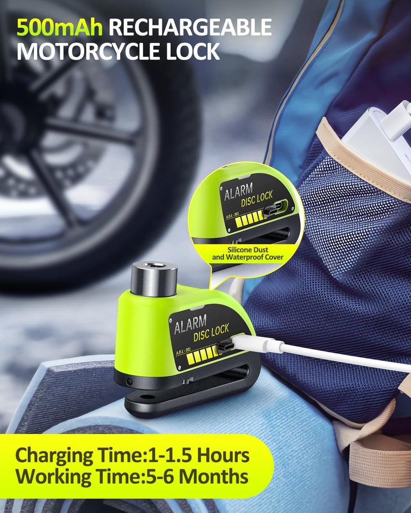 Onvian Rechargeable Motorcycle Lock with 6FT Steel Wire Anti-Theft Cable, for 7mm Pin Ebike Electric Scooter Motorcycle Helmet Wheel Disc Brake Lock(Lemon Yellow) - Image 2